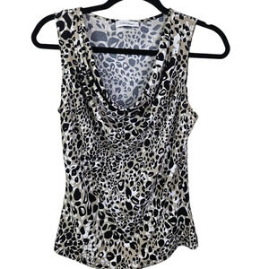 Calvin Klein Tan Black Leopard Print Blouse Tank Shell Cowl Neck Size Small